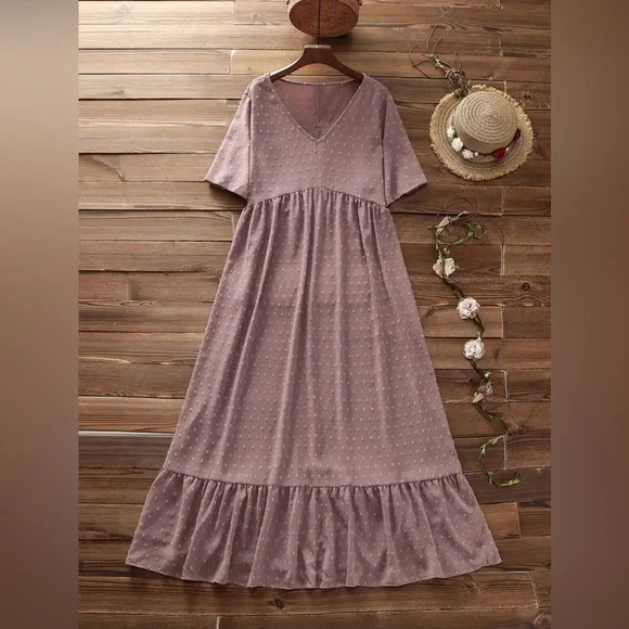 Women's Plus Dusty Rose Solid Swiss Dot Short Sleeve V Neck Smock Dress Size 3XL - Picture 2 of 11